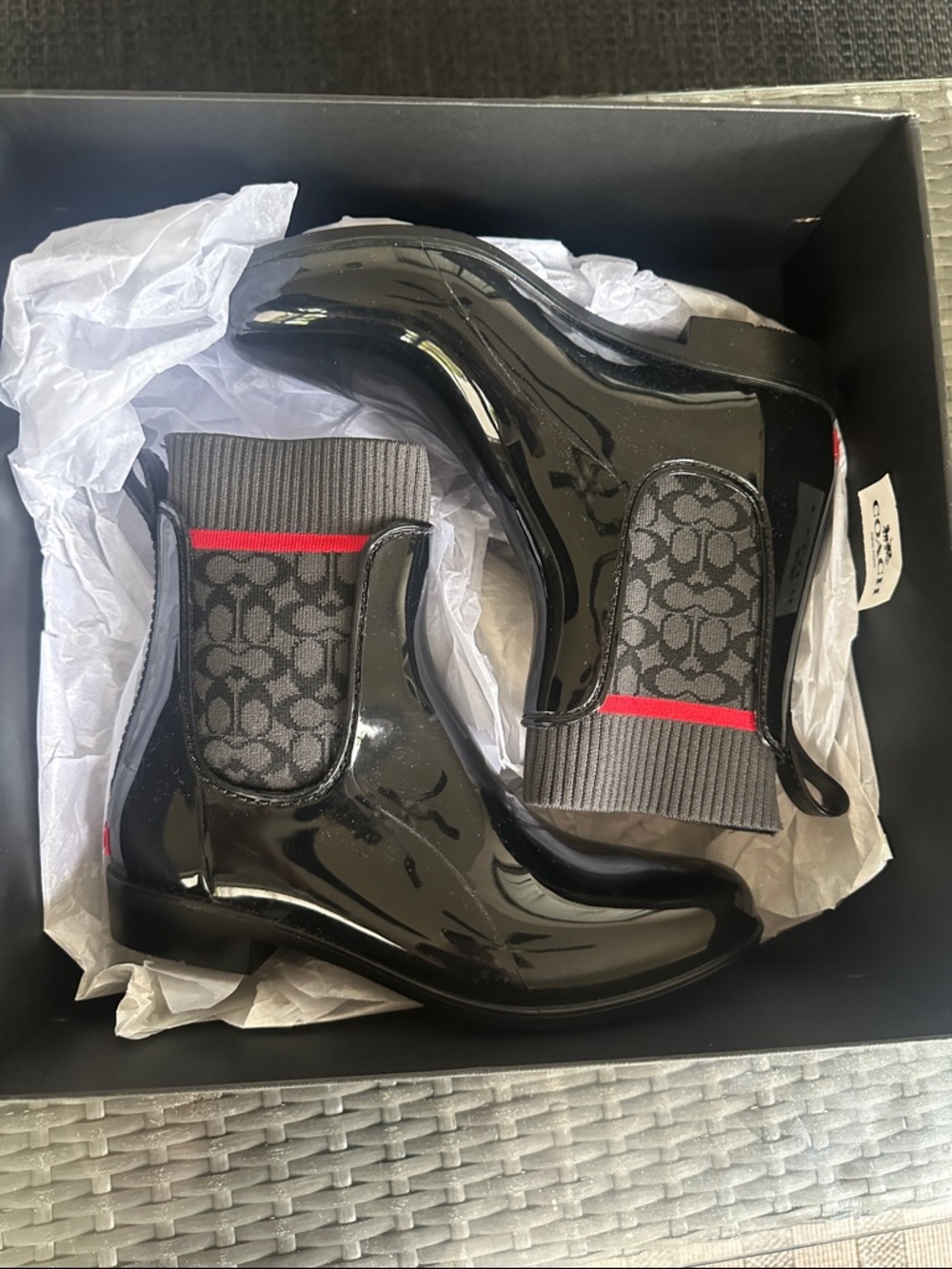 Coach Black Patent Chelsea Rain Boots with Gray Logo Panels and Red Accent